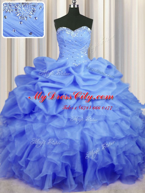 Floor Length Blue Vestidos de Quinceanera Organza Sleeveless Beading and Ruffles and Ruching and Pick Ups