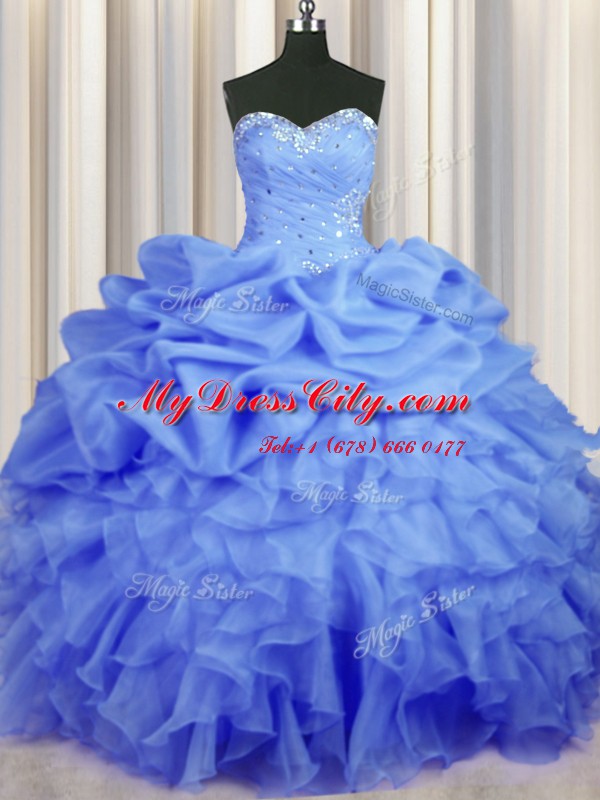 Floor Length Blue Vestidos de Quinceanera Organza Sleeveless Beading and Ruffles and Ruching and Pick Ups