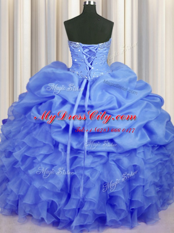 Floor Length Blue Vestidos de Quinceanera Organza Sleeveless Beading and Ruffles and Ruching and Pick Ups