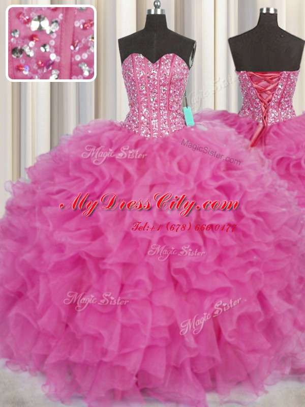 Delicate Visible Boning Sweetheart Sleeveless 15 Quinceanera Dress Floor Length Beading and Ruffles Hot Pink Organza