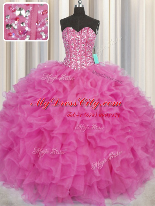 Delicate Visible Boning Sweetheart Sleeveless 15 Quinceanera Dress Floor Length Beading and Ruffles Hot Pink Organza