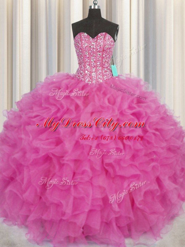 Delicate Visible Boning Sweetheart Sleeveless 15 Quinceanera Dress Floor Length Beading and Ruffles Hot Pink Organza