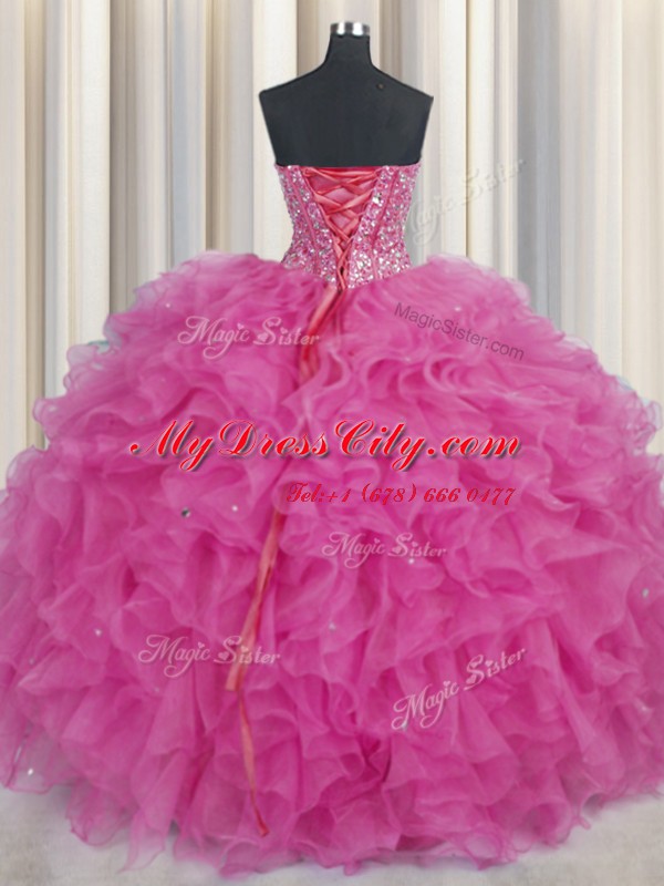 Delicate Visible Boning Sweetheart Sleeveless 15 Quinceanera Dress Floor Length Beading and Ruffles Hot Pink Organza