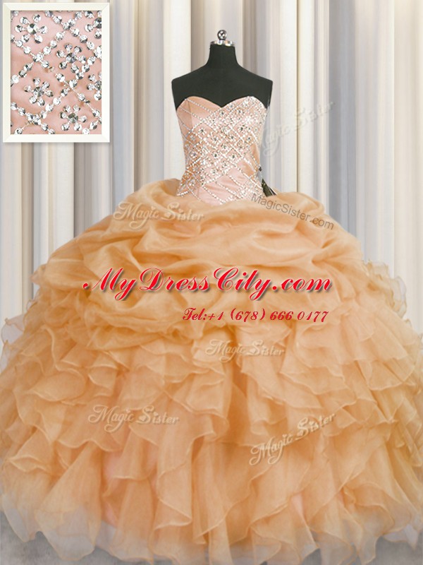 Sweetheart Sleeveless Lace Up Ball Gown Prom Dress Gold Organza