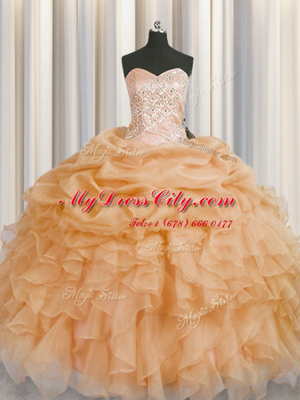 Sweetheart Sleeveless Lace Up Ball Gown Prom Dress Gold Organza