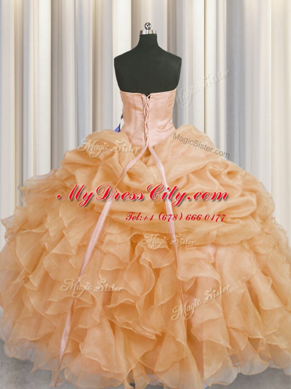 Sweetheart Sleeveless Lace Up Ball Gown Prom Dress Gold Organza