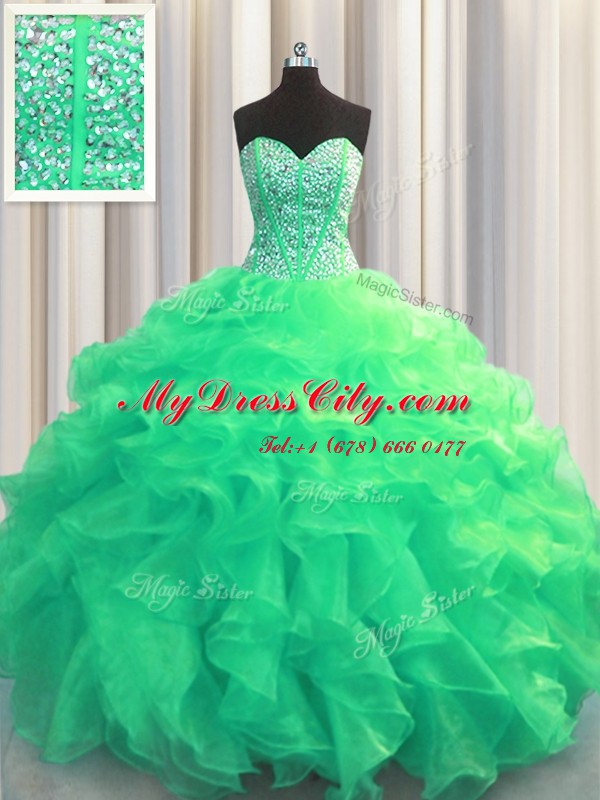 Best Selling Visible Boning Turquoise Quinceanera Dresses Military Ball and Sweet 16 and Quinceanera and For with Beading and Ruffles Sweetheart Sleeveless Lace Up