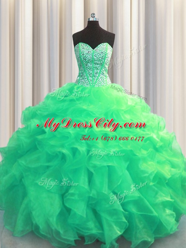 Best Selling Visible Boning Turquoise Quinceanera Dresses Military Ball and Sweet 16 and Quinceanera and For with Beading and Ruffles Sweetheart Sleeveless Lace Up