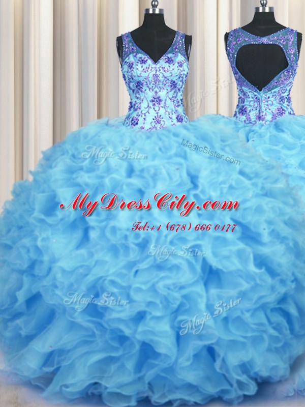 V Neck Baby Blue Sleeveless Beading and Appliques and Ruffles Floor Length Sweet 16 Dresses