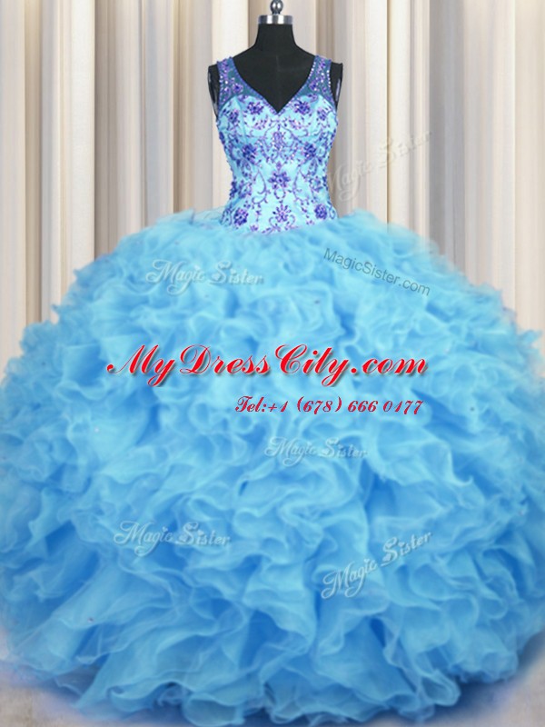 V Neck Baby Blue Sleeveless Beading and Appliques and Ruffles Floor Length Sweet 16 Dresses