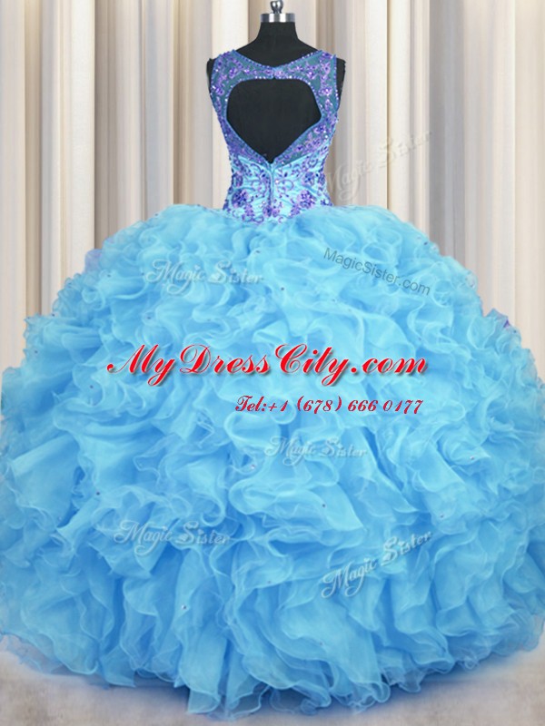 V Neck Baby Blue Sleeveless Beading and Appliques and Ruffles Floor Length Sweet 16 Dresses