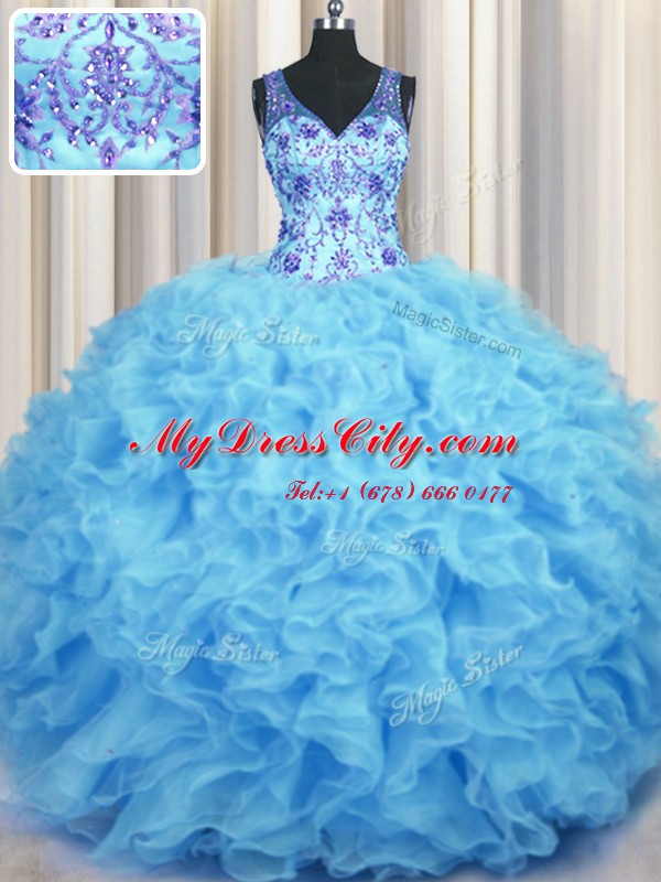 V Neck Baby Blue Sleeveless Beading and Appliques and Ruffles Floor Length Sweet 16 Dresses