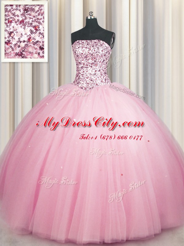 Top Selling Big Puffy Pink Ball Gowns Tulle Strapless Sleeveless Sequins Floor Length Lace Up Quinceanera Dress