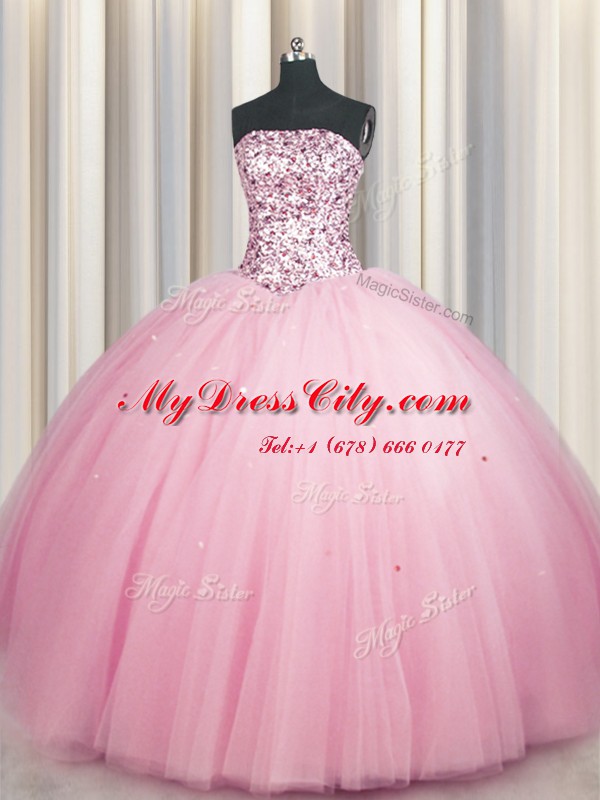 Top Selling Big Puffy Pink Ball Gowns Tulle Strapless Sleeveless Sequins Floor Length Lace Up Quinceanera Dress