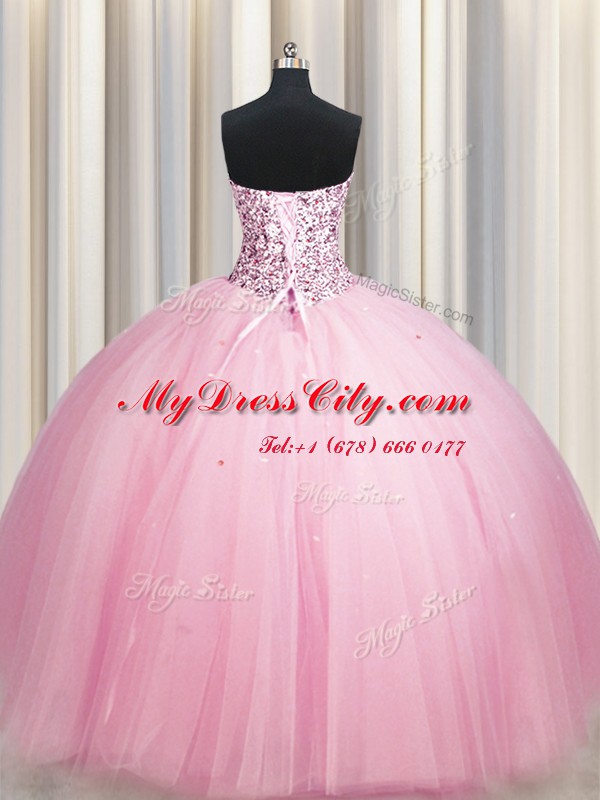 Top Selling Big Puffy Pink Ball Gowns Tulle Strapless Sleeveless Sequins Floor Length Lace Up Quinceanera Dress