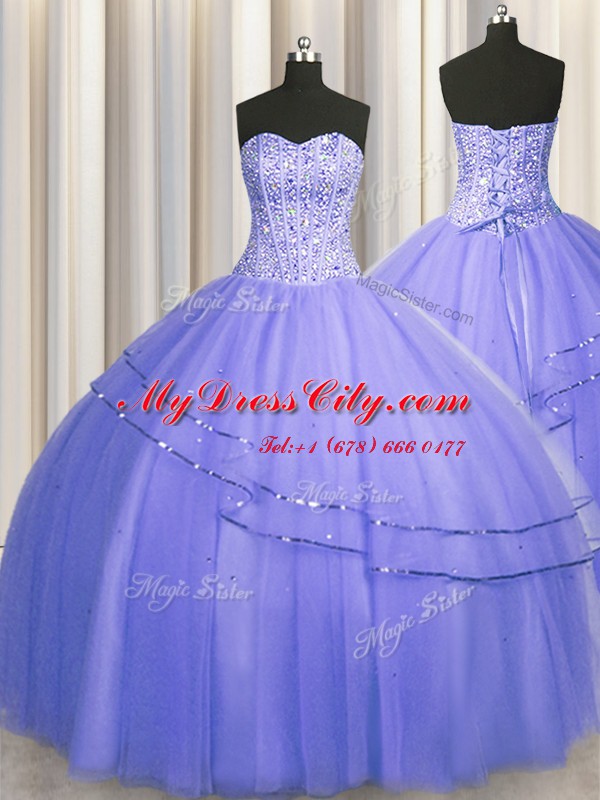 Chic Visible Boning Puffy Skirt Purple Sweetheart Lace Up Beading Sweet 16 Quinceanera Dress Sleeveless