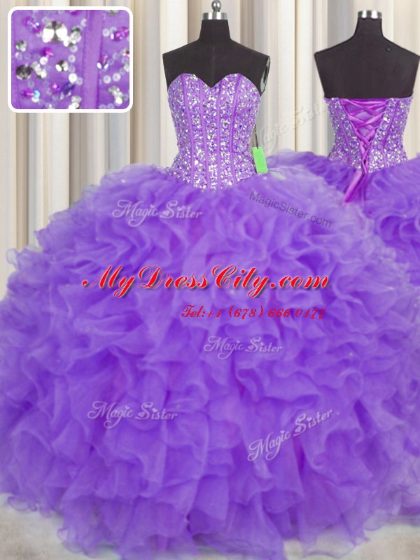 Ideal Visible Boning Purple Organza Lace Up Sweetheart Sleeveless Floor Length Sweet 16 Dresses Lace and Ruffles and Sashes ribbons