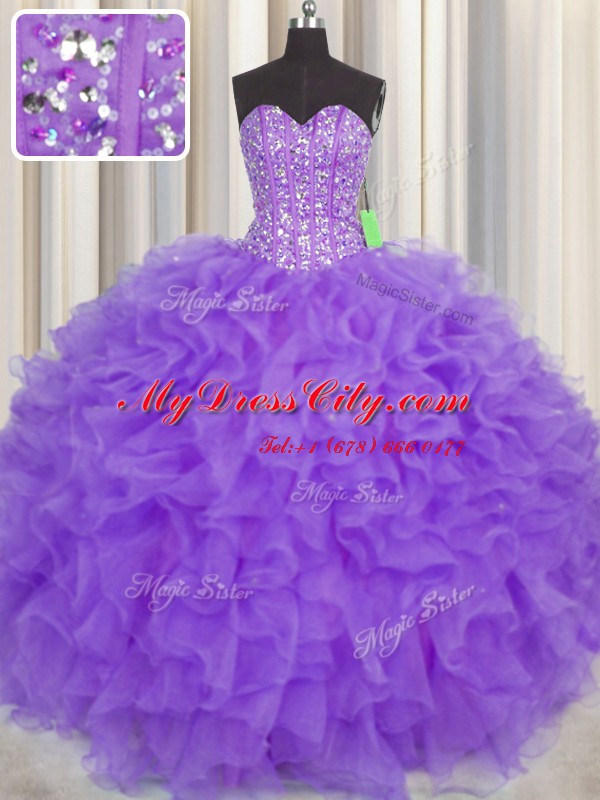 Ideal Visible Boning Purple Organza Lace Up Sweetheart Sleeveless Floor Length Sweet 16 Dresses Lace and Ruffles and Sashes ribbons