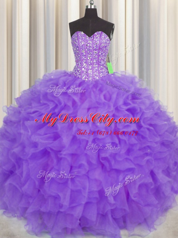 Ideal Visible Boning Purple Organza Lace Up Sweetheart Sleeveless Floor Length Sweet 16 Dresses Lace and Ruffles and Sashes ribbons