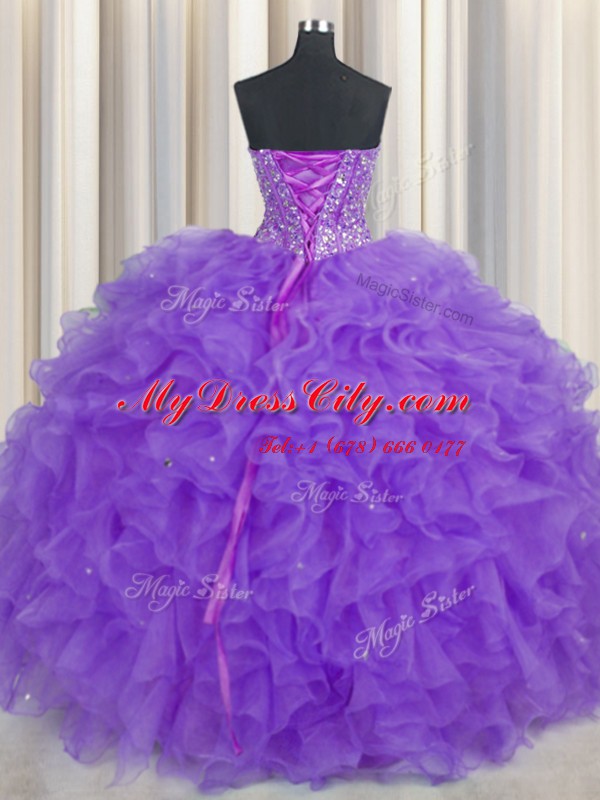 Ideal Visible Boning Purple Organza Lace Up Sweetheart Sleeveless Floor Length Sweet 16 Dresses Lace and Ruffles and Sashes ribbons