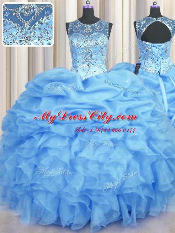 See Through Scoop Sleeveless Organza Quince Ball Gowns Beading and Ruffles and Pick Ups Lace Up