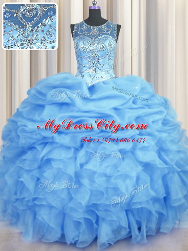 See Through Scoop Sleeveless Organza Quince Ball Gowns Beading and Ruffles and Pick Ups Lace Up