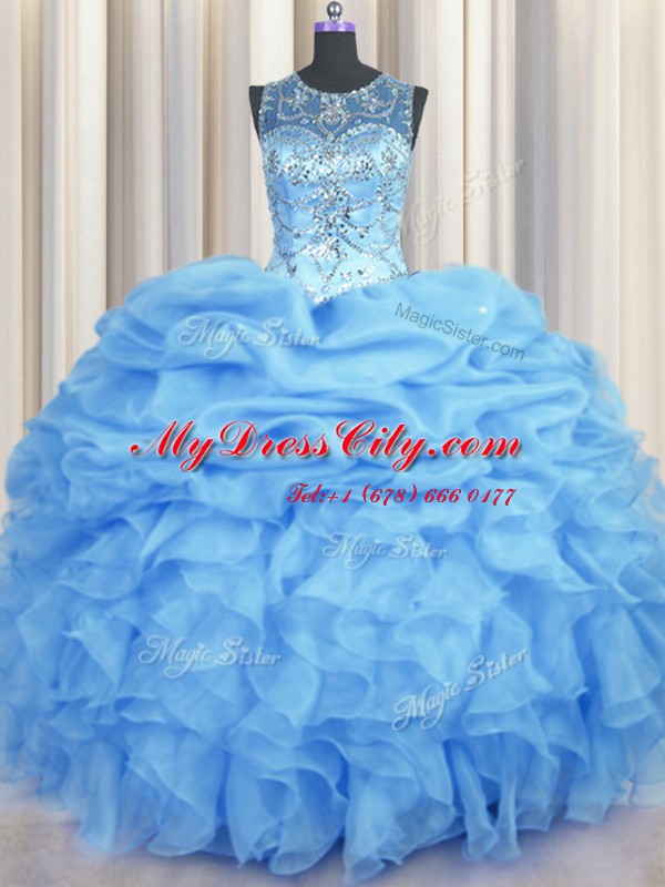 See Through Scoop Sleeveless Organza Quince Ball Gowns Beading and Ruffles and Pick Ups Lace Up