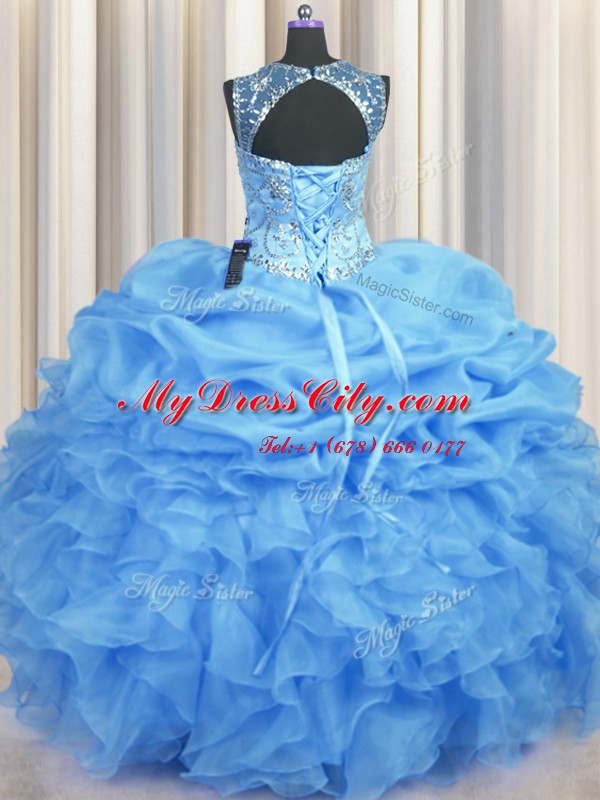 See Through Scoop Sleeveless Organza Quince Ball Gowns Beading and Ruffles and Pick Ups Lace Up