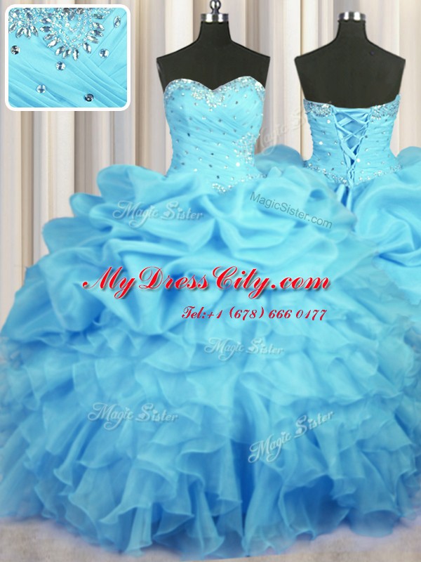 Top Selling Baby Blue Sweetheart Lace Up Beading and Ruffles and Ruching and Pick Ups 15th Birthday Dress Sleeveless