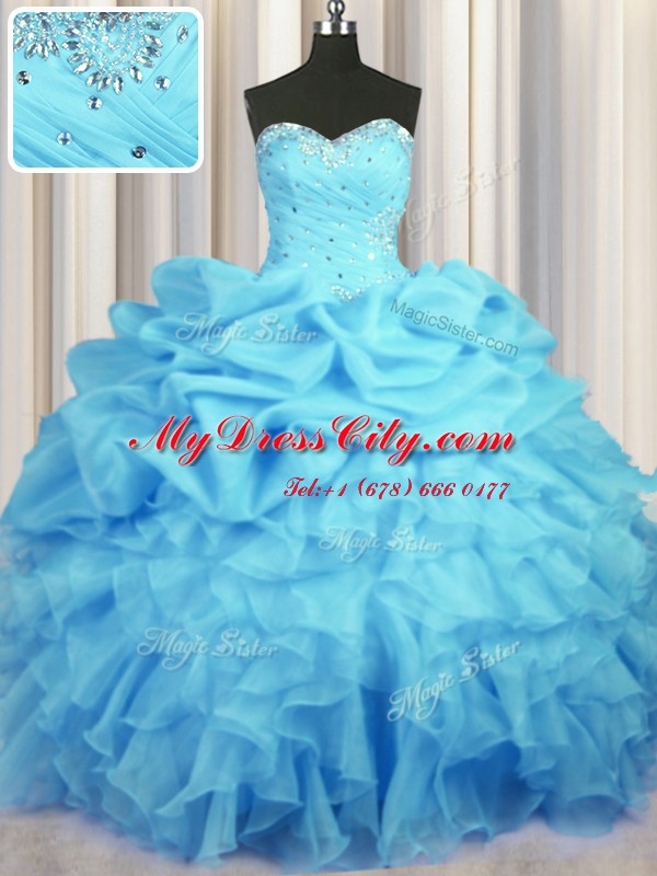 Top Selling Baby Blue Sweetheart Lace Up Beading and Ruffles and Ruching and Pick Ups 15th Birthday Dress Sleeveless