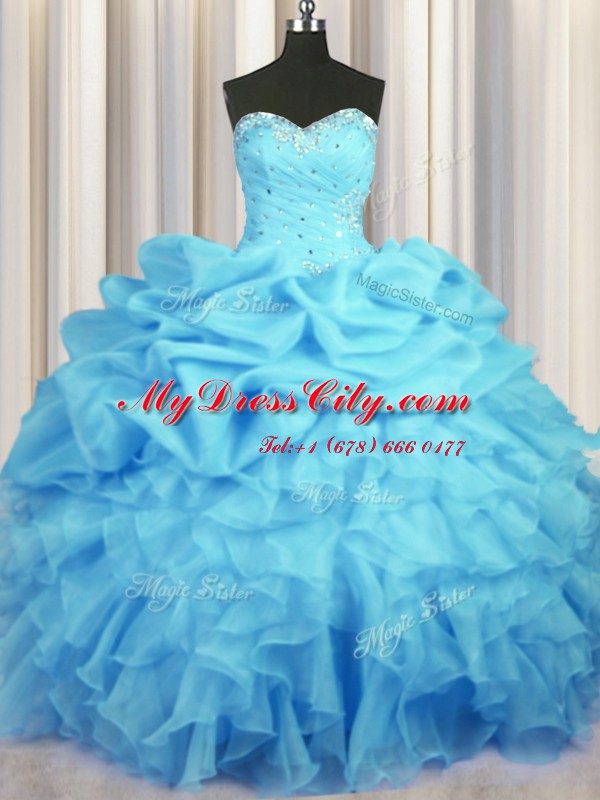 Top Selling Baby Blue Sweetheart Lace Up Beading and Ruffles and Ruching and Pick Ups 15th Birthday Dress Sleeveless