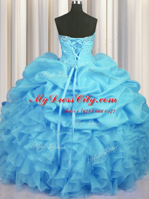 Top Selling Baby Blue Sweetheart Lace Up Beading and Ruffles and Ruching and Pick Ups 15th Birthday Dress Sleeveless