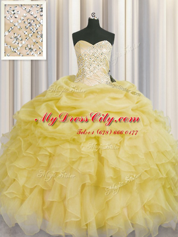 Attractive Light Yellow Ball Gowns Beading and Ruffles Sweet 16 Quinceanera Dress Lace Up Organza Sleeveless Floor Length