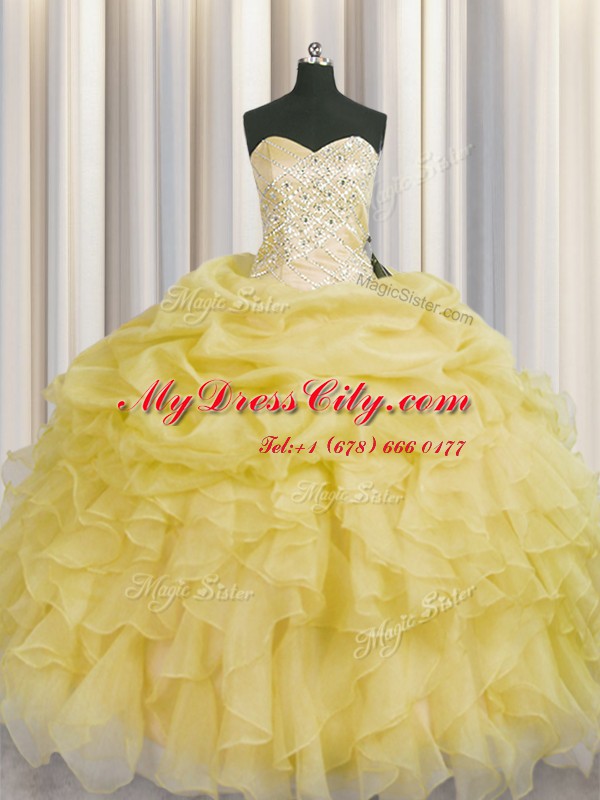 Attractive Light Yellow Ball Gowns Beading and Ruffles Sweet 16 Quinceanera Dress Lace Up Organza Sleeveless Floor Length