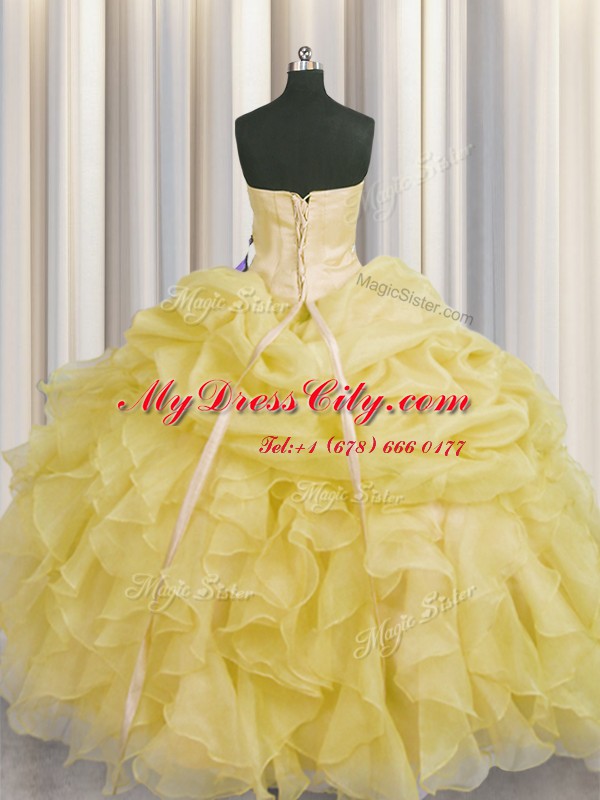 Attractive Light Yellow Ball Gowns Beading and Ruffles Sweet 16 Quinceanera Dress Lace Up Organza Sleeveless Floor Length