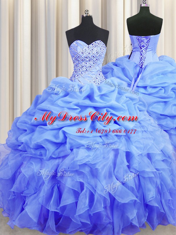 Superior Beading and Ruffles and Pick Ups Quinceanera Dresses Blue Lace Up Sleeveless Floor Length