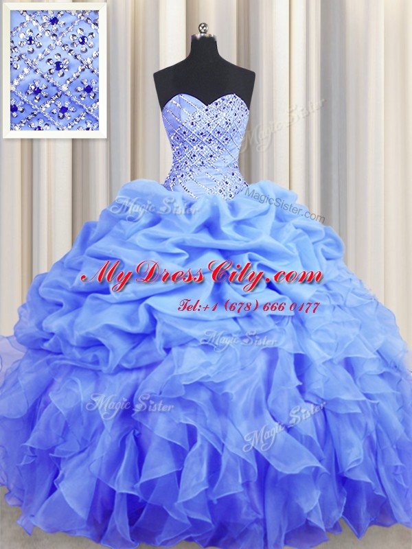 Superior Beading and Ruffles and Pick Ups Quinceanera Dresses Blue Lace Up Sleeveless Floor Length