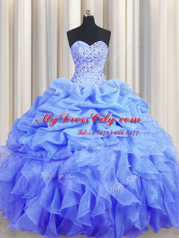 Superior Beading and Ruffles and Pick Ups Quinceanera Dresses Blue Lace Up Sleeveless Floor Length