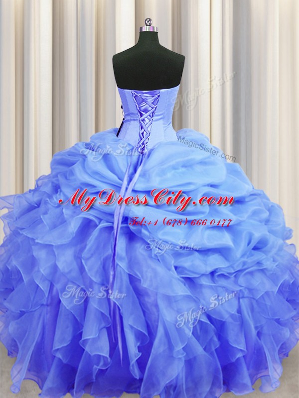 Superior Beading and Ruffles and Pick Ups Quinceanera Dresses Blue Lace Up Sleeveless Floor Length