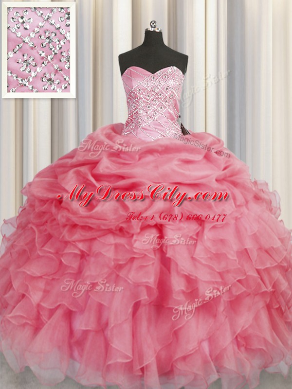 Captivating Sleeveless Floor Length Beading and Ruffles Lace Up Quinceanera Dresses with Coral Red