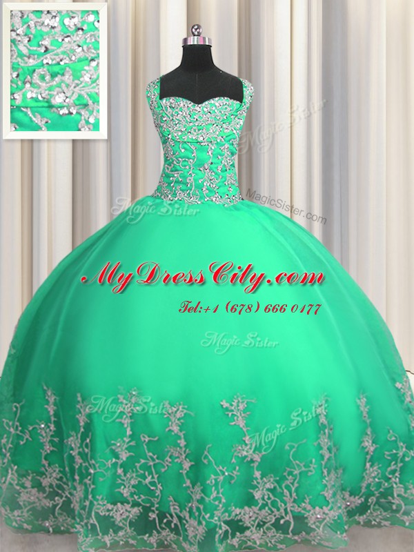 Turquoise Lace Up Quince Ball Gowns Beading and Appliques Sleeveless Floor Length