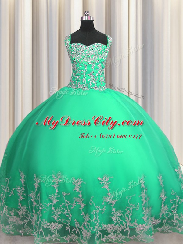 Turquoise Lace Up Quince Ball Gowns Beading and Appliques Sleeveless Floor Length