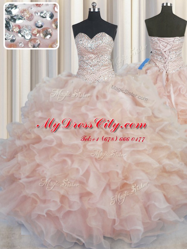 Modest Champagne Organza Lace Up Ball Gown Prom Dress Sleeveless Floor Length Beading and Ruffles