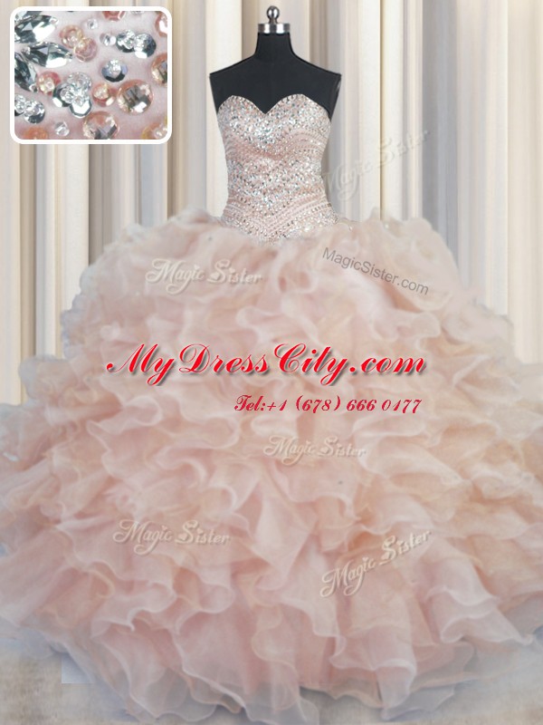 Modest Champagne Organza Lace Up Ball Gown Prom Dress Sleeveless Floor Length Beading and Ruffles