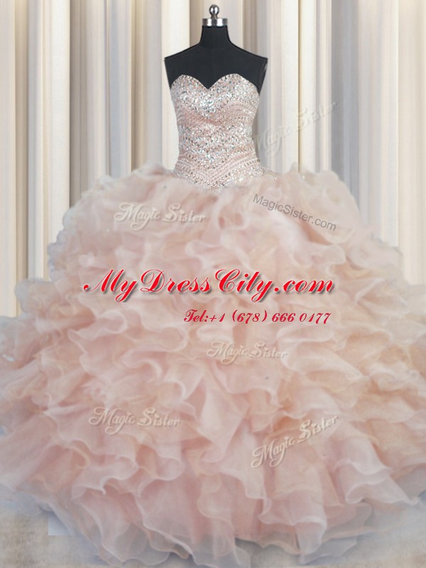 Modest Champagne Organza Lace Up Ball Gown Prom Dress Sleeveless Floor Length Beading and Ruffles