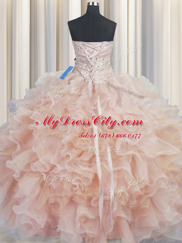 Modest Champagne Organza Lace Up Ball Gown Prom Dress Sleeveless Floor Length Beading and Ruffles