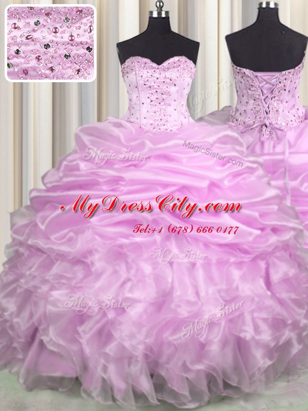 Comfortable Lilac Sweetheart Lace Up Beading and Ruffles and Pick Ups Quinceanera Gowns Brush Train Sleeveless