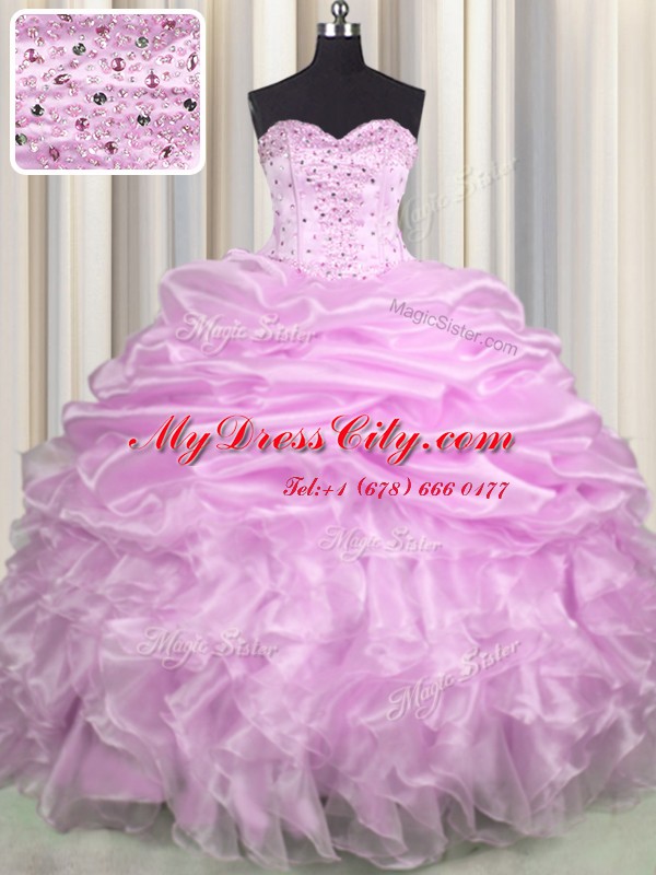 Comfortable Lilac Sweetheart Lace Up Beading and Ruffles and Pick Ups Quinceanera Gowns Brush Train Sleeveless