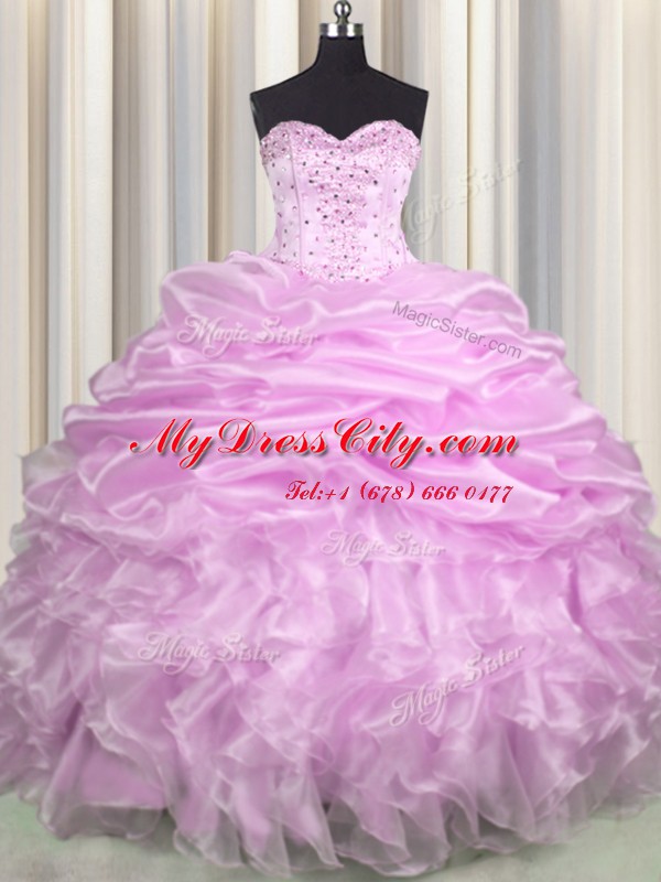 Comfortable Lilac Sweetheart Lace Up Beading and Ruffles and Pick Ups Quinceanera Gowns Brush Train Sleeveless