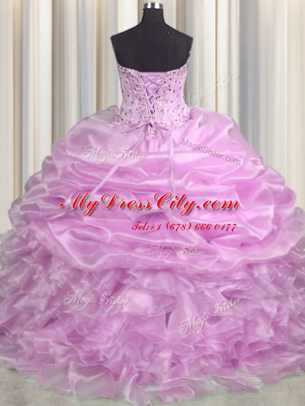 Comfortable Lilac Sweetheart Lace Up Beading and Ruffles and Pick Ups Quinceanera Gowns Brush Train Sleeveless